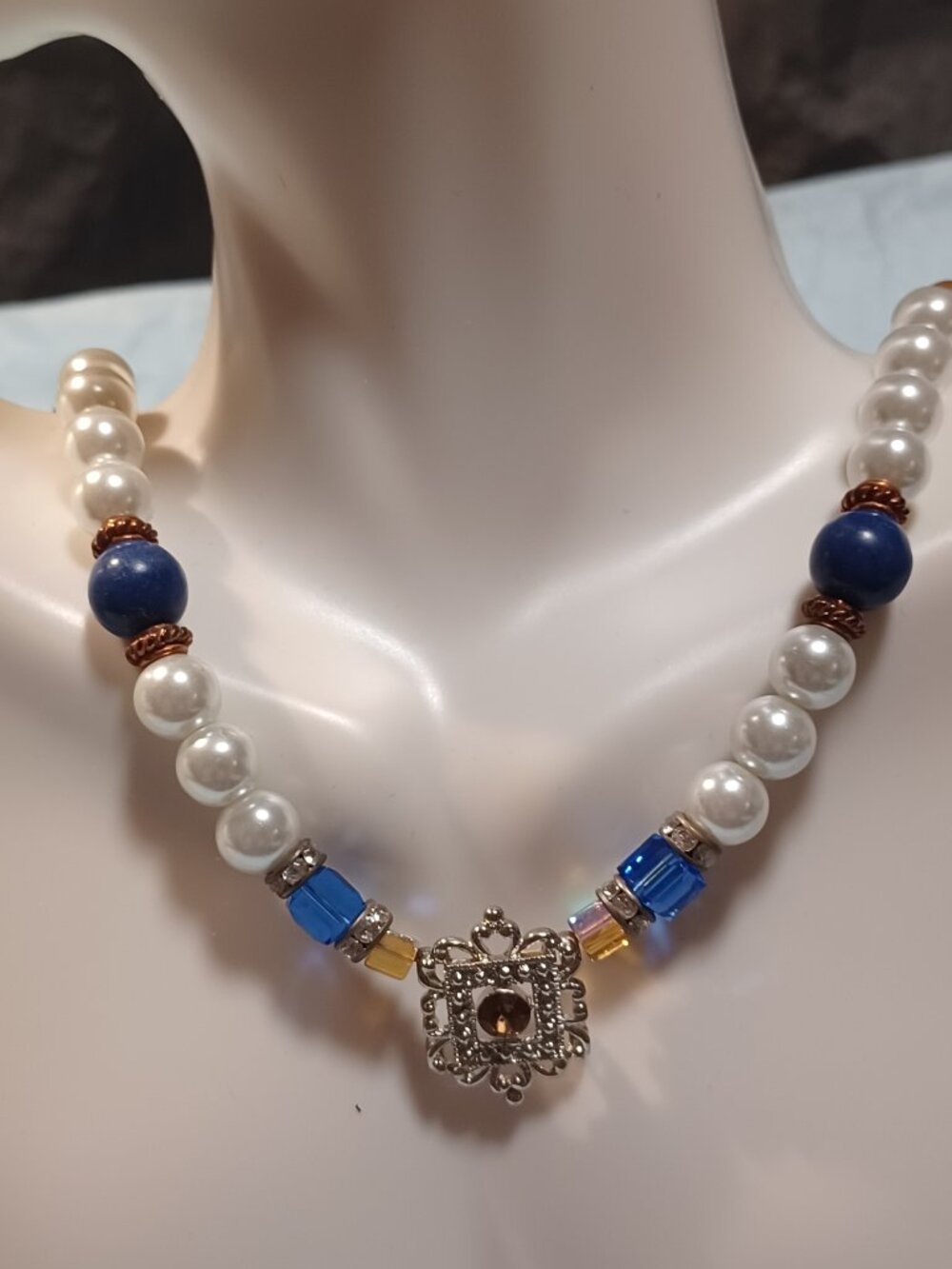 Shell Pearls, Mountain Lapis Jade & Swarovski Crystals Necklace
